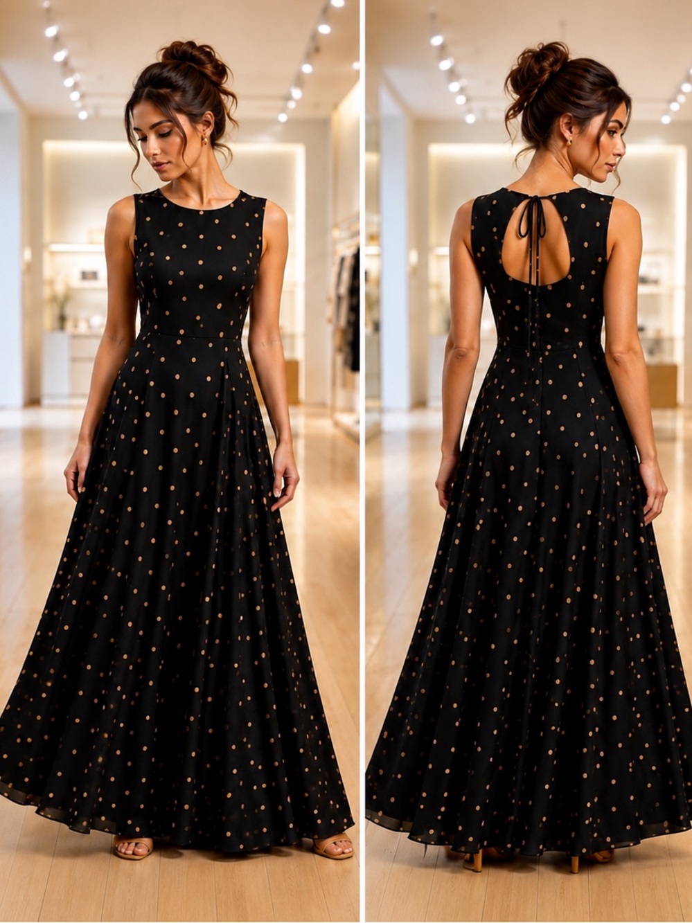 Valerie Dresses Elegant Black Silk Maxi Dress with Gold Polka Dots size 12